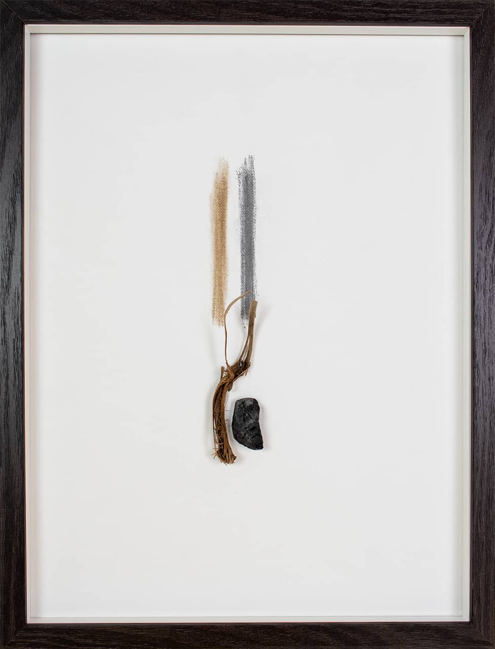 'Untitled' (from the beach), driftwood andnatural pigment on canvas. Artwork by Francesca Virginia Coppola